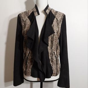Alberto Makali Black Snakeskin Colorblock Open Front Ruffled Blazer Jacket Sz 14